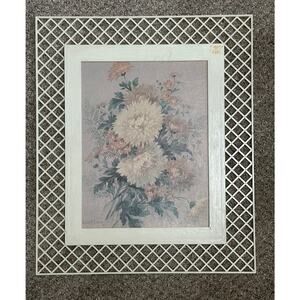 Vintage MCM Robert Laessig Floral Lithograph Print in White Lattice Frame 16x19